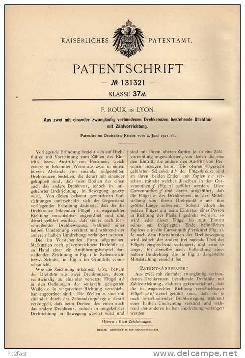 Original Patentschrift - F. Roux In Lyon , Drehtür Mit Zählvorrichtung, 1901!!! - Architecture