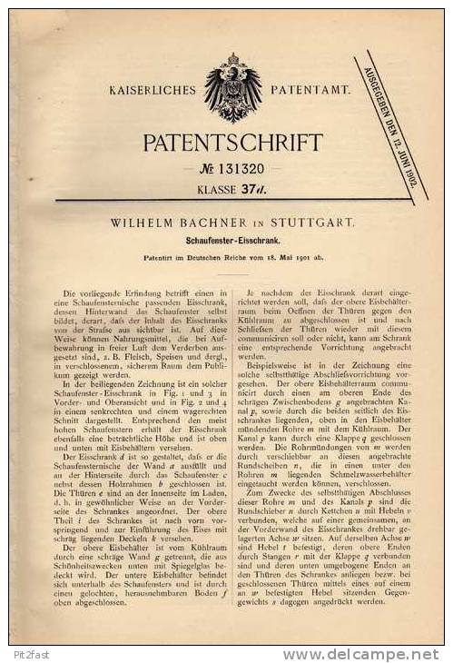 Original Patentschrift - W. Bachner In Stuttgart ,1901, Schaufenster - Eisschrank !!! - Architecture