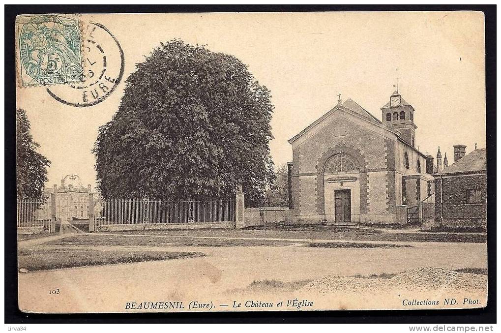 CPA ANCIENNE- FRANCE- BEAUMESNIL (27)- L'ENTRÉE DU CHATEAU ET L'EGLISE EN GROS PLAN- GRILLES- - Beaumesnil