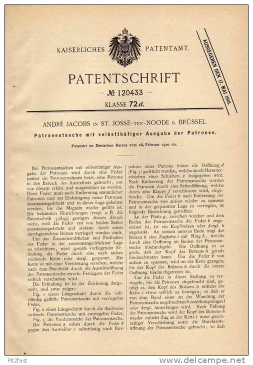 Original Patentschrift - Patronentasche , Munition , Pistole , 1900 , A. Jacobs In St. Josse B. Brüssel !!! - Equipement