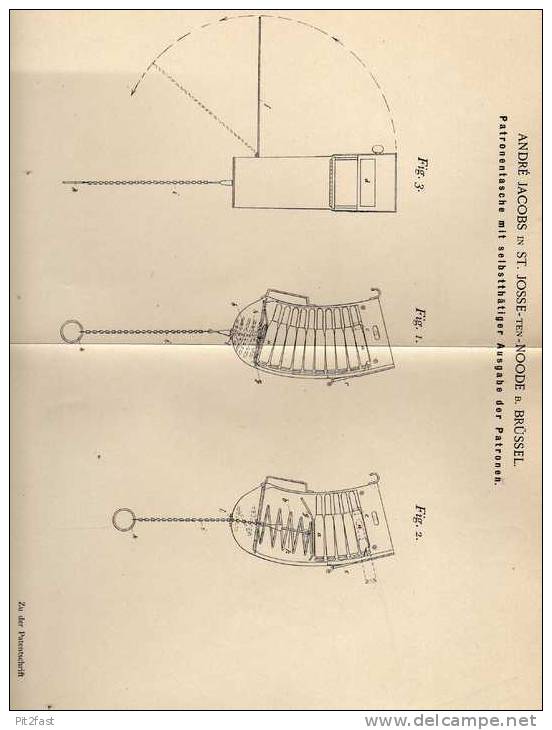 Original Patentschrift - Patronentasche , Munition , Pistole , 1900 , A. Jacobs In St. Josse B. Brüssel !!! - Equipment