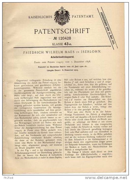 Original Patentschrift - F. Maes In Iserlohn , 1900 , Arbeiter Kontrollapparat  !!! - Machines