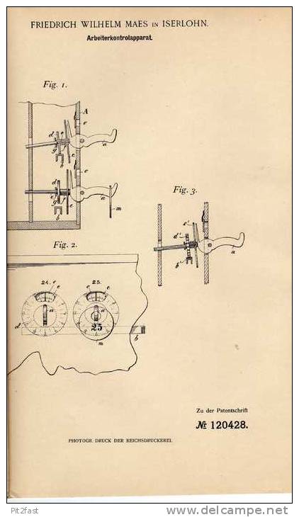 Original Patentschrift - F. Maes In Iserlohn , 1900 , Arbeiter Kontrollapparat  !!! - Tools