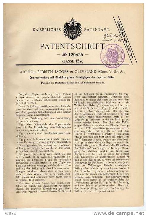 Original Patentschrift - Kopierer Für Bilder , 1899 , A. Jacobs In Cleveland , Ohio !!! - Fototoestellen