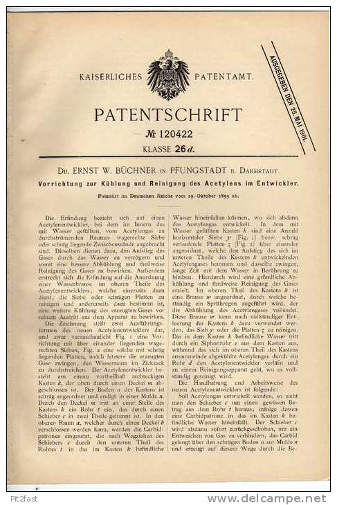 Original Patentschrift - Kühler Für Acetylen , 1899 , Dr. Büchner In Pfungstadt B. Darmstadt !!! - Pfungstadt
