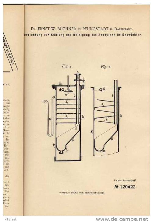 Original Patentschrift - Kühler Für Acetylen , 1899 , Dr. Büchner In Pfungstadt B. Darmstadt !!! - Pfungstadt
