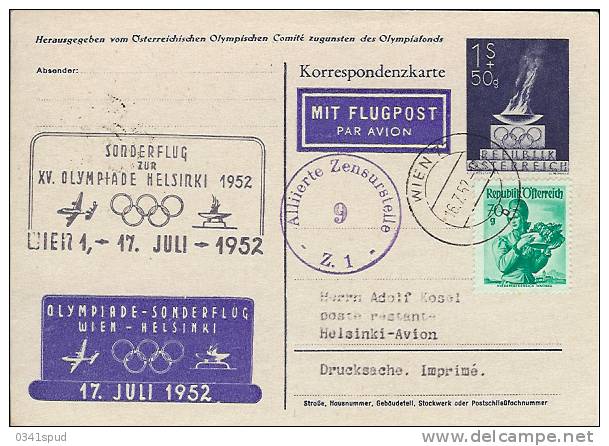 Jeux Olympiques Helsinki 1952  Autriche  Special Flight Vol Speciale Wien-Helsinki - Estate 1952: Helsinki