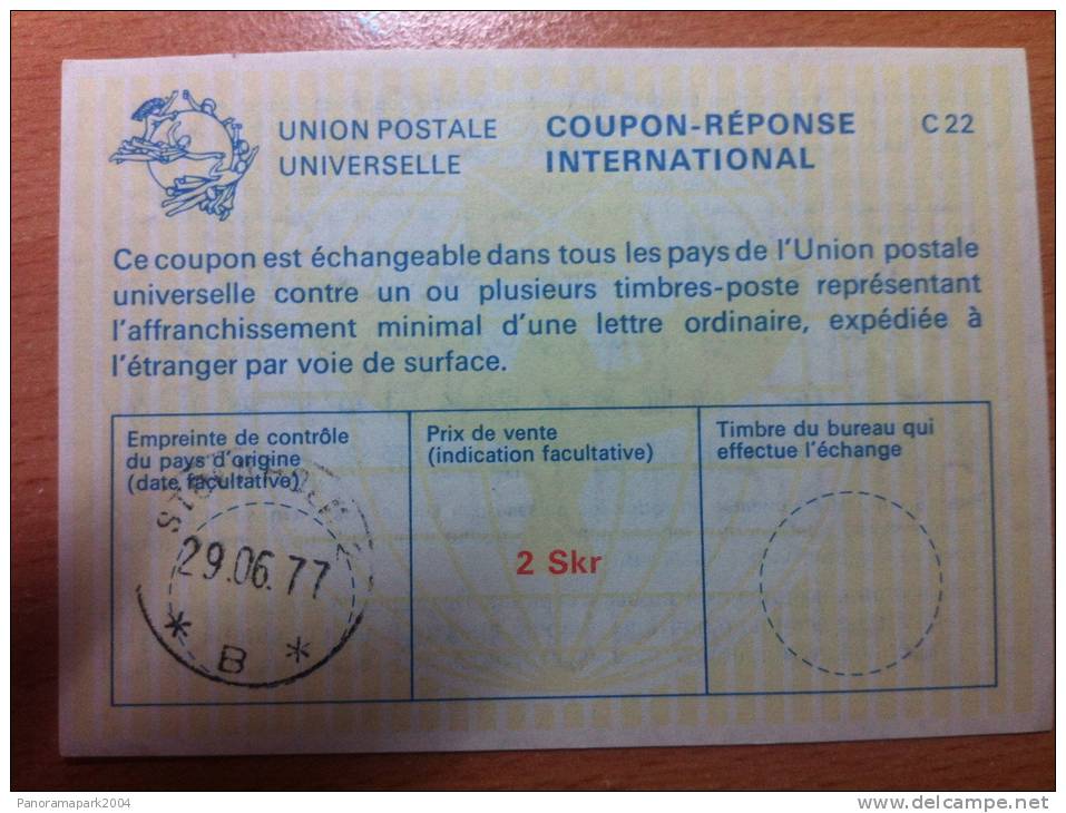 Sweden Suède Schweden 2 Skr 29.06.1977 UPU Union Postale Universelle COUPON-REPONSE INTERNATIONAL C22 C 22 - Other & Unclassified