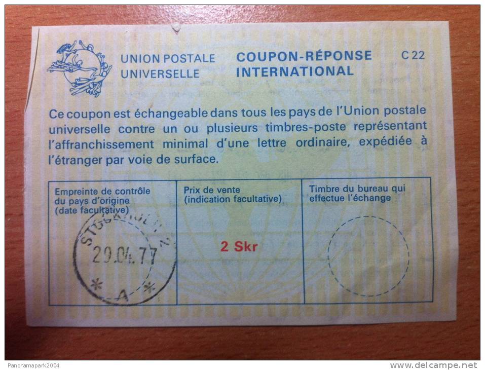 Sweden Suède Schweden 2 Skr 29.04.1977 UPU Union Postale Universelle COUPON-REPONSE INTERNATIONAL C22 C 22 - Other & Unclassified