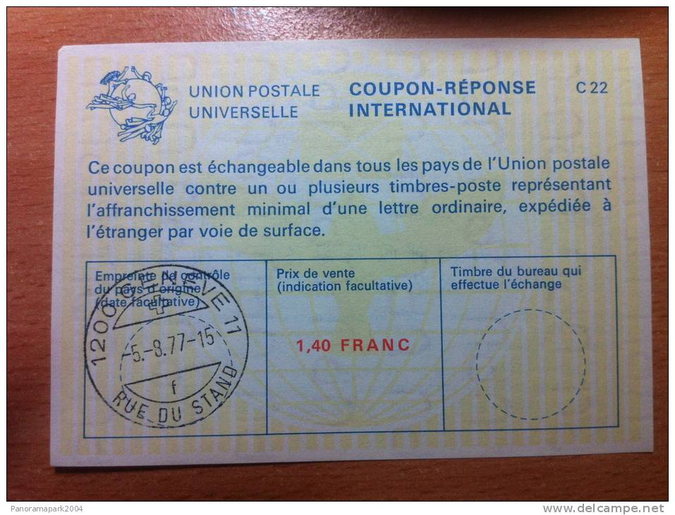Suisse Switzerland Schweiz 1,40 FRANC 05/08/1977 UPU Union Postale Universelle COUPON-REPONSE INTERNATIONAL C22 C 22 - Entiers Postaux