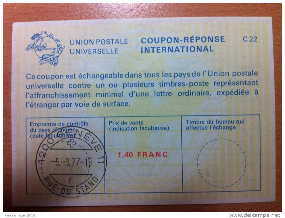 Suisse Switzerland Schweiz 1,40 FRANC 05/08/1977 UPU Union Postale Universelle COUPON-REPONSE INTERNATIONAL C22 C 22 - Stamped Stationery