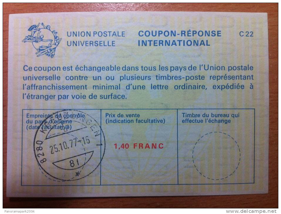 Suisse Switzerland Schweiz 1,40 FRANC 25/10/1977 UPU Union Postale Universelle COUPON-REPONSE INTERNATIONAL C22 C 22 - Entiers Postaux