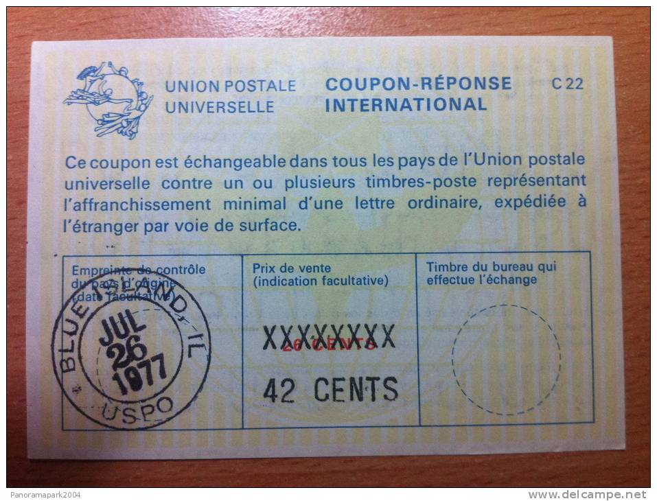 USA Etats Unis 42 Cents Sur 26 Cents 26/07/1977 UPU Union Postale Universelle COUPON-REPONSE INTERNATIONAL C22 C 22 - Altri & Non Classificati