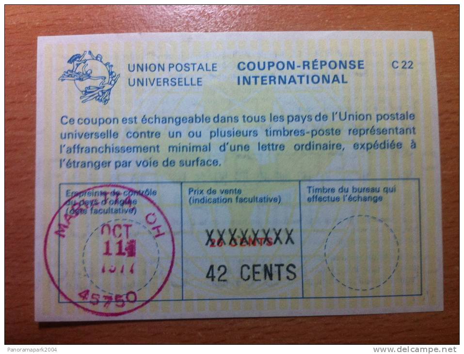 USA Etats Unis 42 Cents Sur 26 Cents 11/10/1977 UPU Union Postale Universelle COUPON-REPONSE INTERNATIONAL C22 C 22 - Sonstige & Ohne Zuordnung