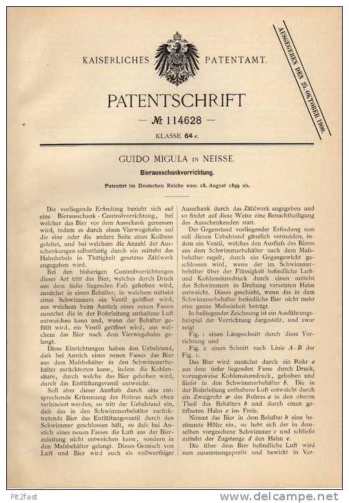 Original Patentschrift - Bierschankvorrichtung , Bier , 1899 , G. Migula In Neisse , Kneipe , Bar !!! - Tools