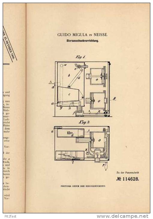 Original Patentschrift - Bierschankvorrichtung , Bier , 1899 , G. Migula In Neisse , Kneipe , Bar !!! - Macchine