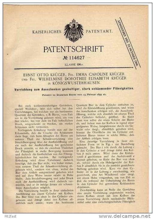 Original Patentschrift - Ausschankvorrichtung Für Bier ,1899 , E. Krüger In Königswusterhausen , Kneipe , Bar !!! - Tools