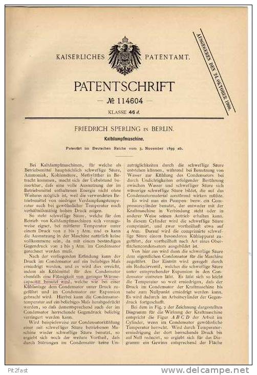Original Patentschrift - F. Sperling In Berlin , Dampfmaschine , 1899 !!! - Machines