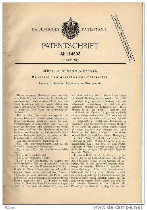 Original Patentschrift - B. Arnemann In Barmen , 1900 , Maschine Für Faßreifen , Weinfass , Bierfass !!! - Tools