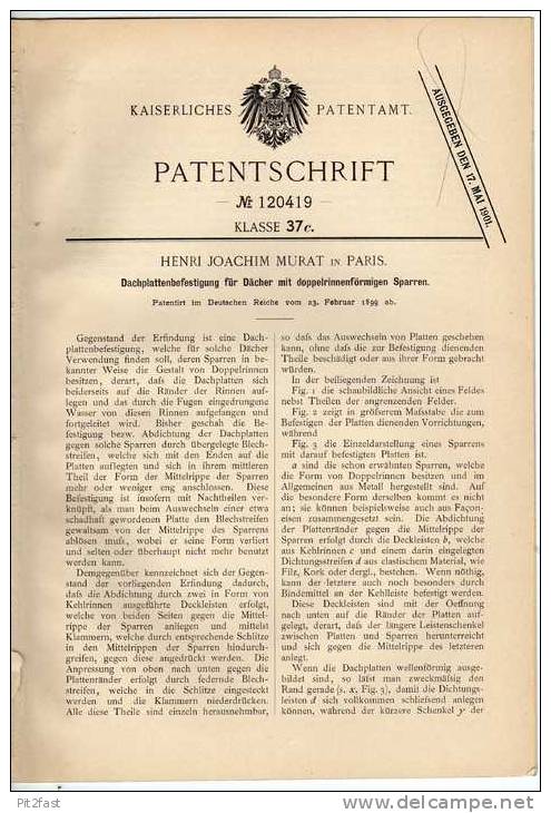 Original Patentschrift - H. Murat In Paris , Dachplatten , Dachdecker , Dach , 1899 !!! - Architektur