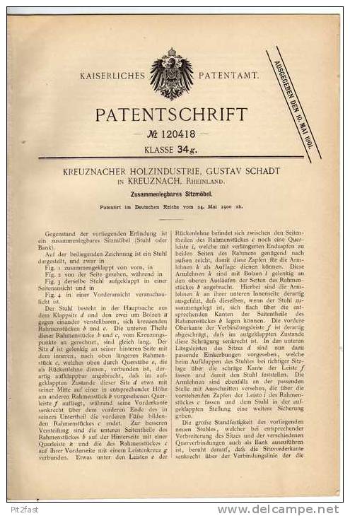 Original Patentschrift - Holzindustrie Kreuznach , Rheinland , Sitzmöbel , 1900 , Tischlerei , Schreinerei !!! - Autres & Non Classés