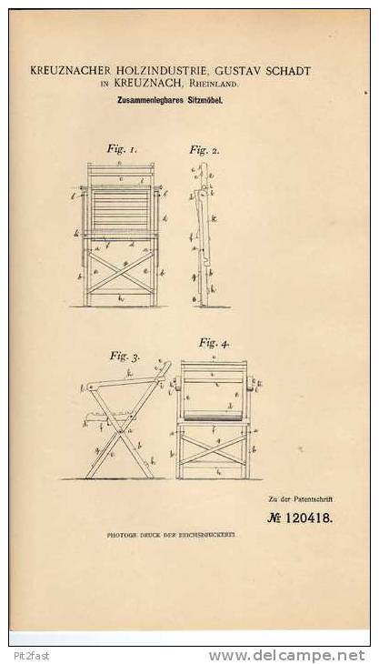 Original Patentschrift - Holzindustrie Kreuznach , Rheinland , Sitzmöbel , 1900 , Tischlerei , Schreinerei !!! - Autres & Non Classés