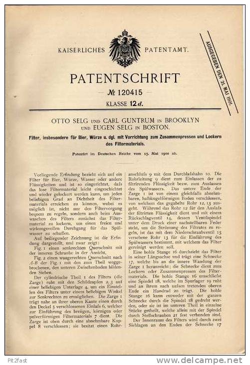 Original Patentschrift - O. Selg In Brooklyn Und Boston , 1900 , Verstellb. Filter Für Bier !!! - Machines