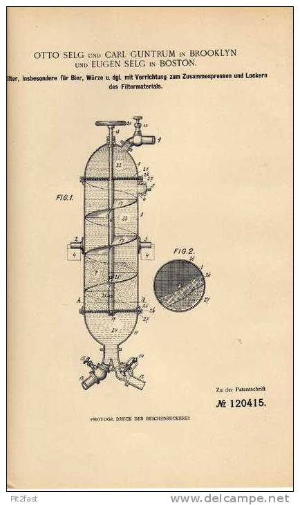 Original Patentschrift - O. Selg In Brooklyn Und Boston , 1900 , Verstellb. Filter Für Bier !!! - Machines
