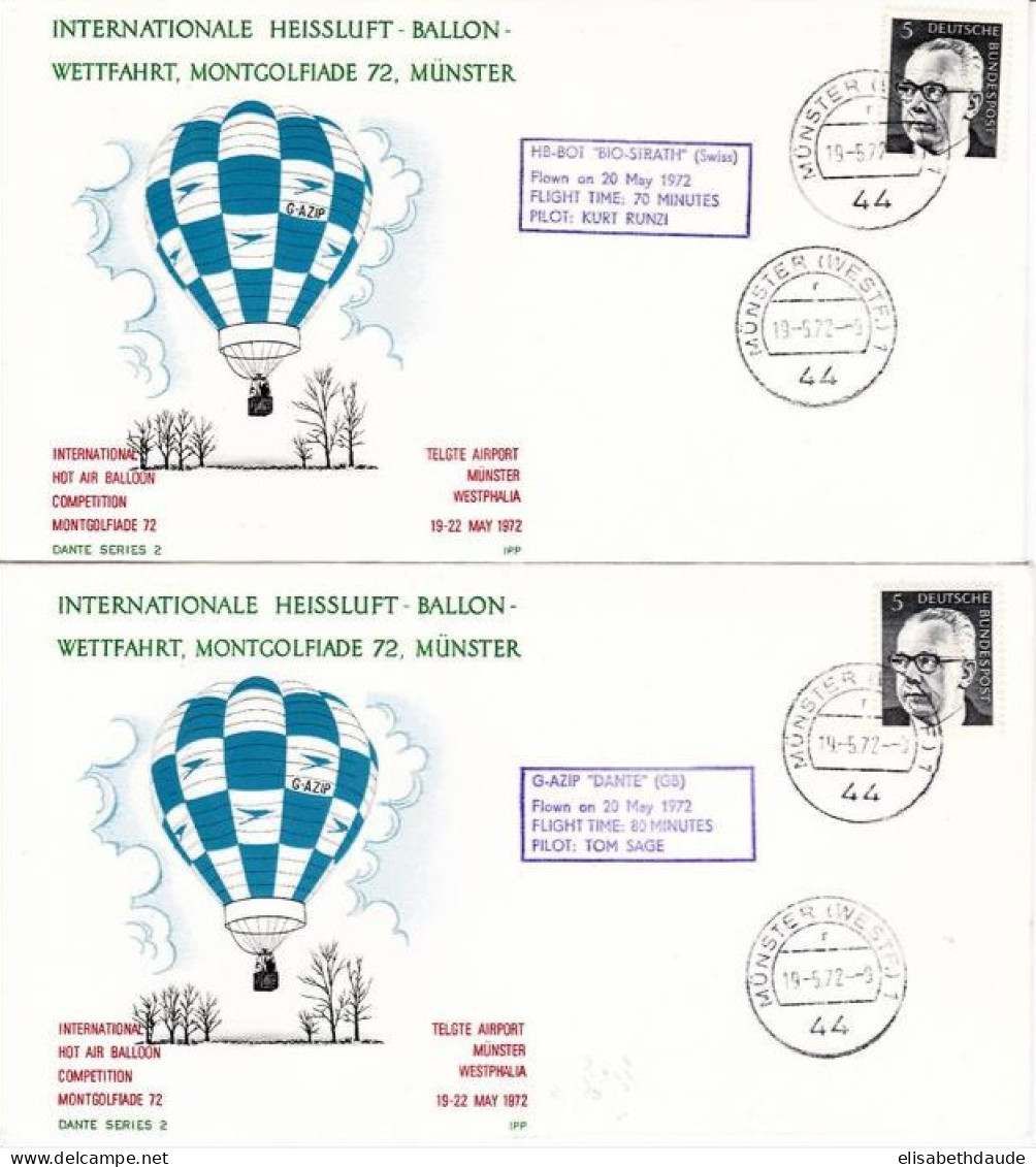 ALLEMAGNE - 1972 - 2 ENVELOPPES Par BALLON De MÜNSTER (MONTGOLFIADE 72) - LE "BIO-STRATH" De SUISSE Et LE "DANTE" De GB - Briefe U. Dokumente