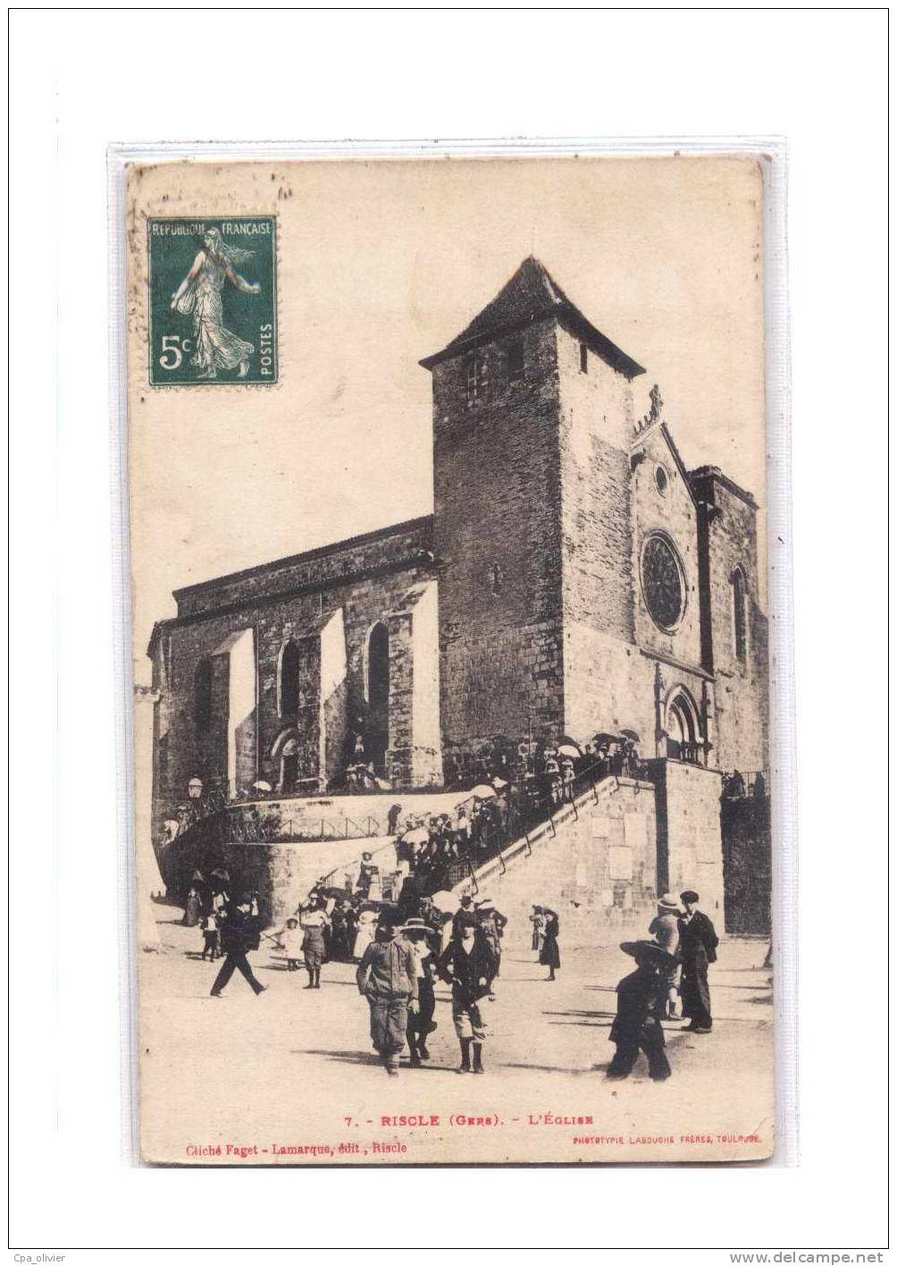 32 RISCLE Eglise, Sortie De Messe, Bien Animée, Cachet Ambulant Tarbes à Morcenx, Ed Labouche 7, 1911 - Riscle