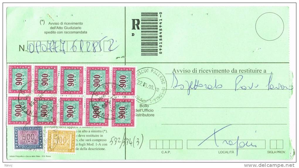 Italia Storia Postale Poste Italiane Avviso Di Ricevimento Racc. Affranc. Segnatasse 10 X £.900 + £. 500 + £ 100 - Impuestos