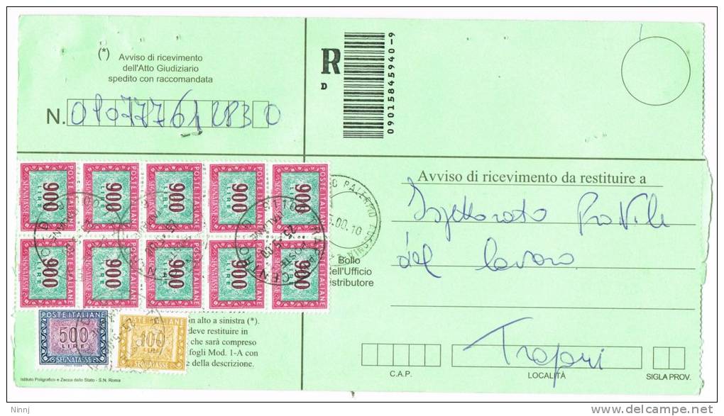 Italia Storia Postale Poste Italiane Avviso Di Ricevimento Racc. Affranc. Segnatasse 10 X £.900 + £. 500 + £ 100 - Taxe