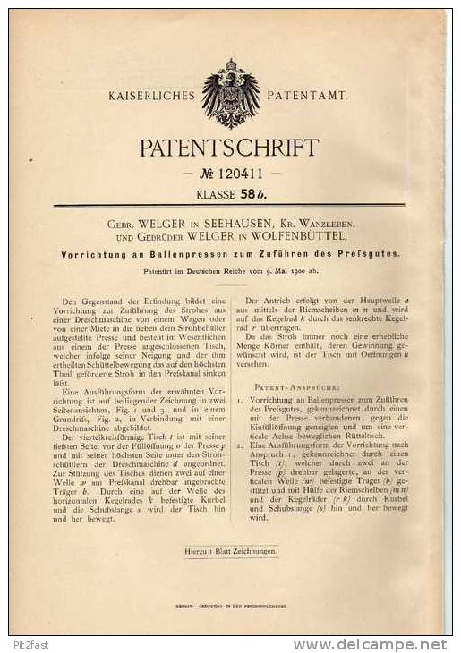 Original Patentschrift - E. Welger In Seehausen , Kr. Wanzleben Und Wolfenbüttel , Ballenpresse , Landwirtschaft ,1900 ! - Tools
