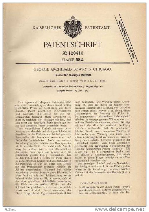 Original Patentschrift - G. Lowry In Chicago , Presse Für Faserstoffe , 1899  !!! - Maschinen