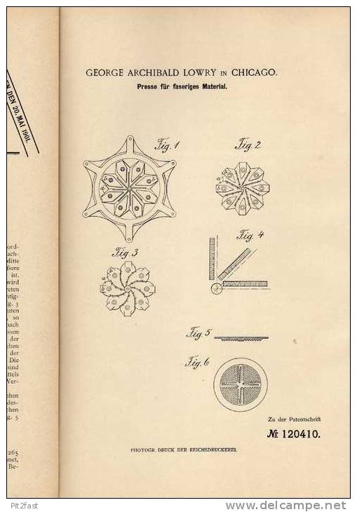 Original Patentschrift - G. Lowry In Chicago , Presse Für Faserstoffe , 1899  !!! - Tools