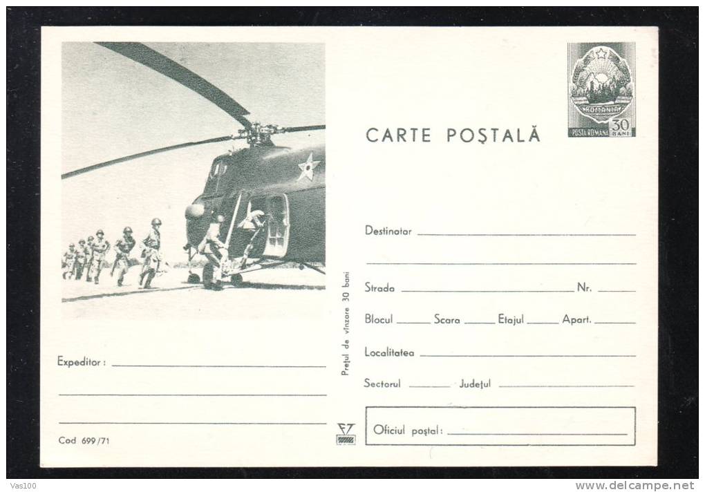 MILITARY, HELICOPTER, 1971, CARD STATIONERY, ENTIER POSTAL, UNUSED, ROMANIA - Helicopters