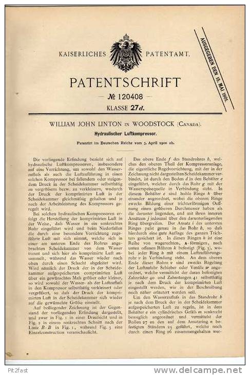 Original Patentschrift - J. Linton In Woodstock , Luftkompressor , 1900 !!! - Tools