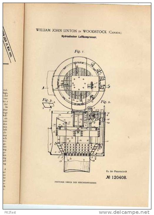 Original Patentschrift - J. Linton In Woodstock , Luftkompressor , 1900 !!! - Tools