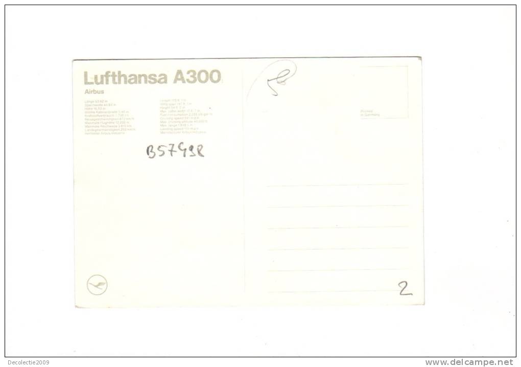 B57498 Airplanes Avions Lufthansa A300 Not Used Perfect Shape - 1946-....: Moderne