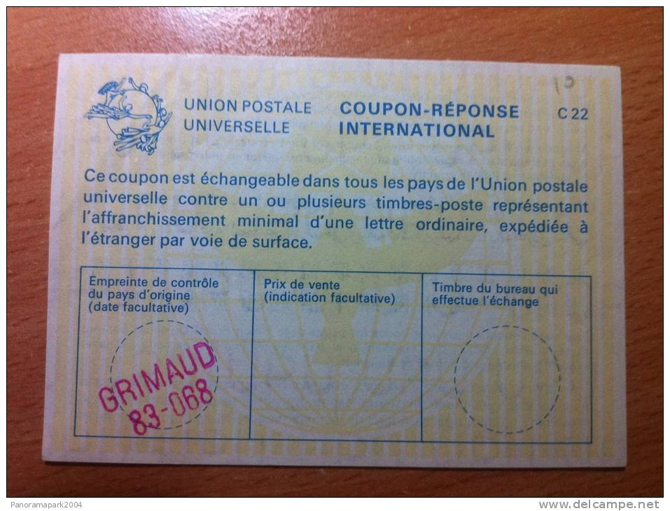 France Grimaud 83-068 UPU Union Postale Universelle COUPON-REPONSE INTERNATIONAL C22 C 22 - Coupons-réponse