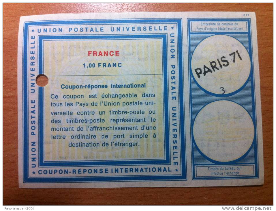 France Paris 71 UPU Union Postale Universelle COUPON-REPONSE INTERNATIONAL C22 C 22 - Coupons-réponse