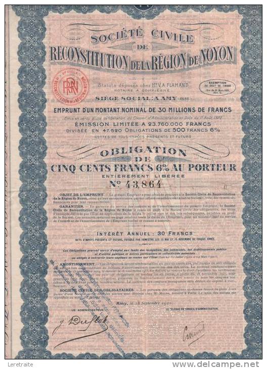 S.C. De Reconstitution De La Région De Noyon, Obligation De 500 Frs 6% Au Porteur. - M - O