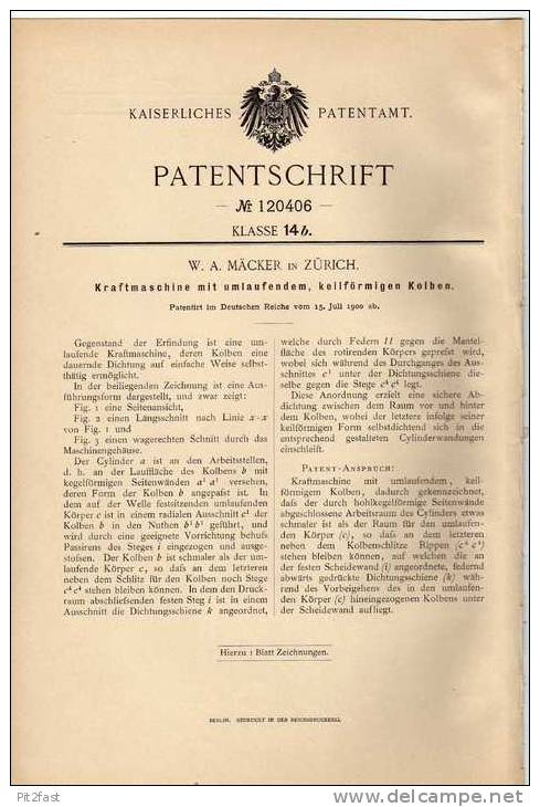 Original Patentschrift - W.A. Mäcker In Zürich , Kraftmaschine , 1900 , Motor  !!! - Machines