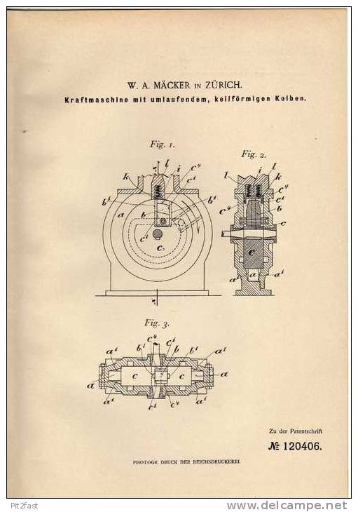 Original Patentschrift - W.A. Mäcker In Zürich , Kraftmaschine , 1900 , Motor  !!! - Machines