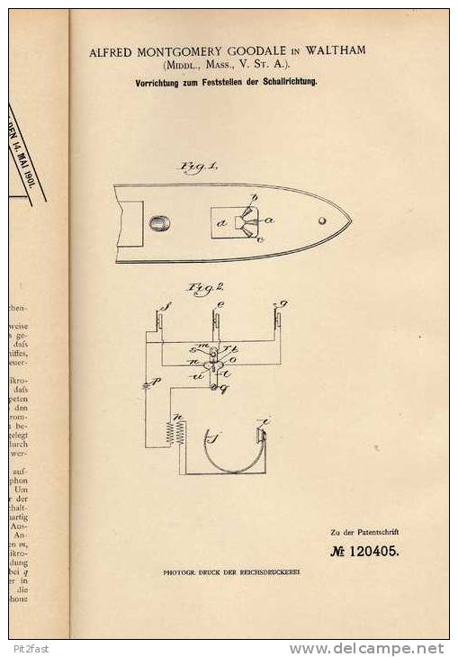 Original Patentschrift - A. Goodale In Waltham , Echolot , Schallempfänger Für Schiffe , 1899 !!! - Autres & Non Classés