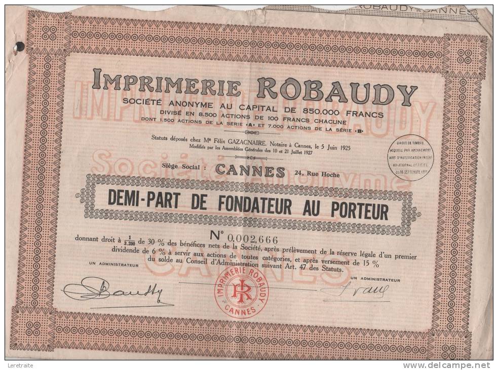 Imprimerie Robaudy, Demi-Part De Fondateur Au Porteur - G - I