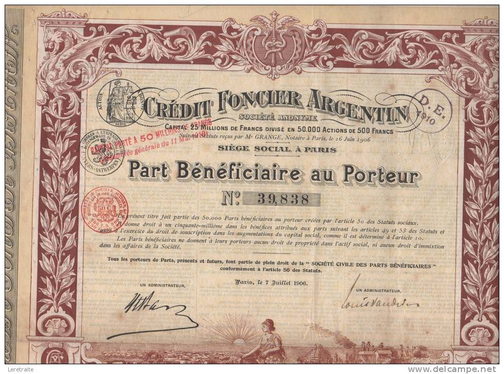 Crédit Foncier Argentin, Part Bénéficiaire Au Porteur De 500 FRS, 1906 - Bank En Verzekering