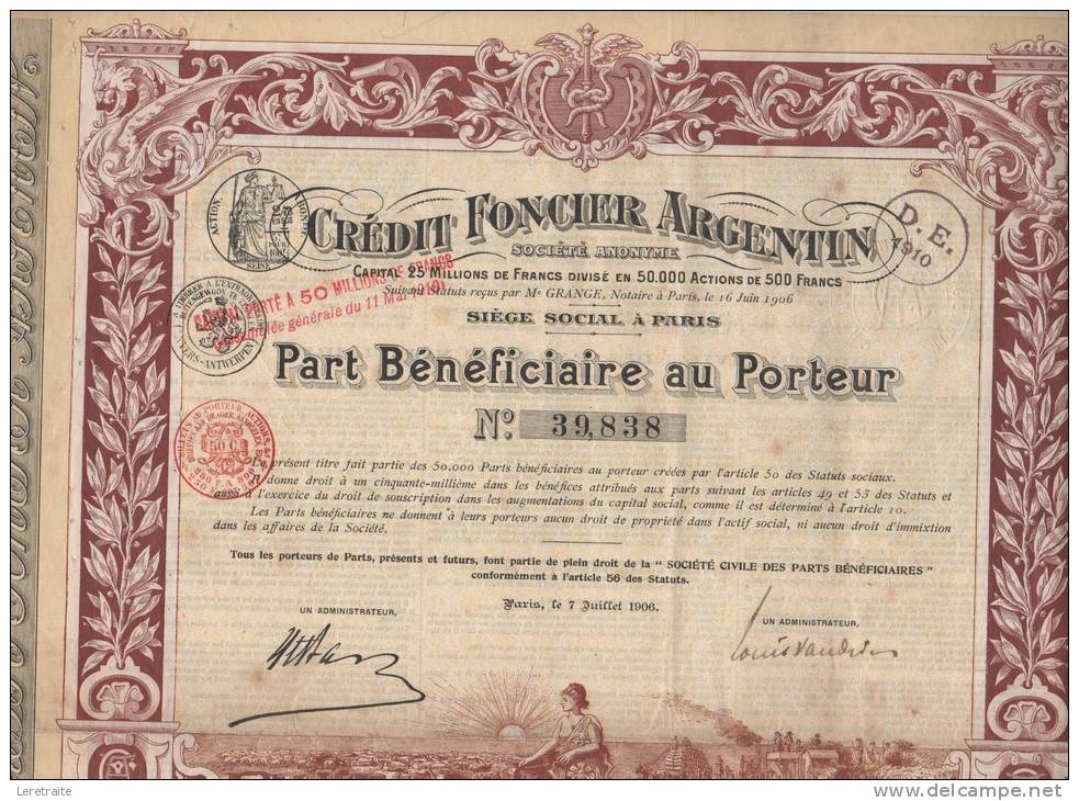 Crédit Foncier Argentin, Part Bénéficiaire Au Porteur De 500 FRS, 1906 - Banque & Assurance