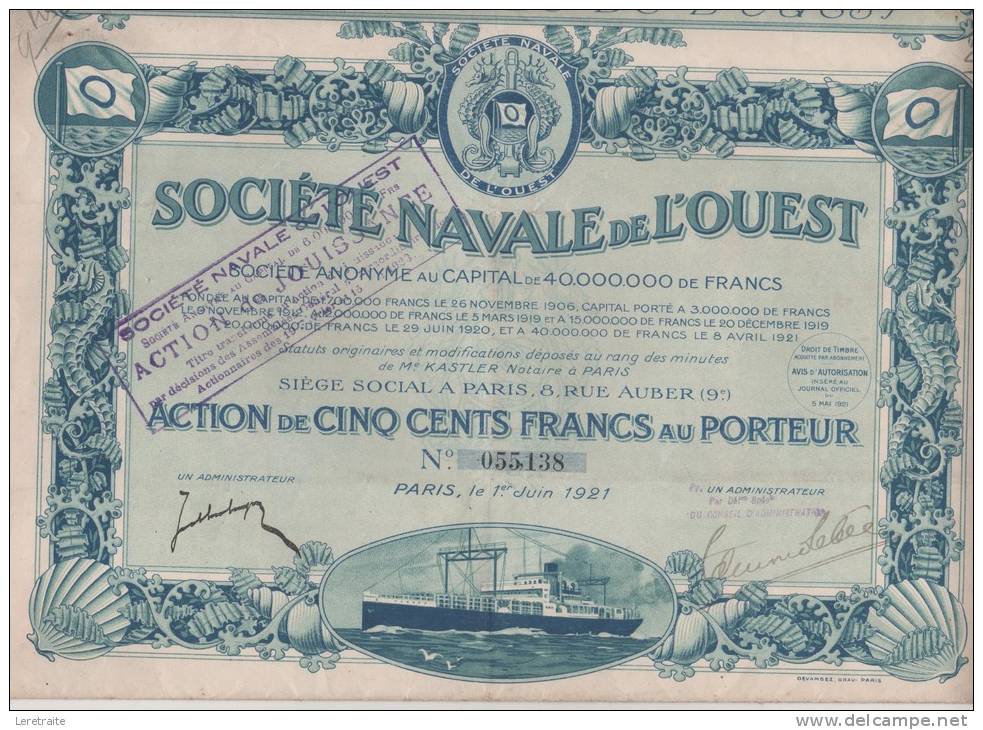 Société Navale De L'Ouest, Action De 500 Frs Au Porteur 1921 - Navy