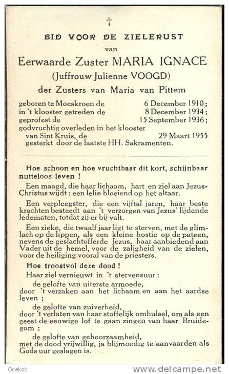 Doodsprentje Zuster - Non Maria Ignace ( Julienne Voogd ) Moeskroen 1910 - Pittem - Sint Kruis 1955 - Autres & Non Classés